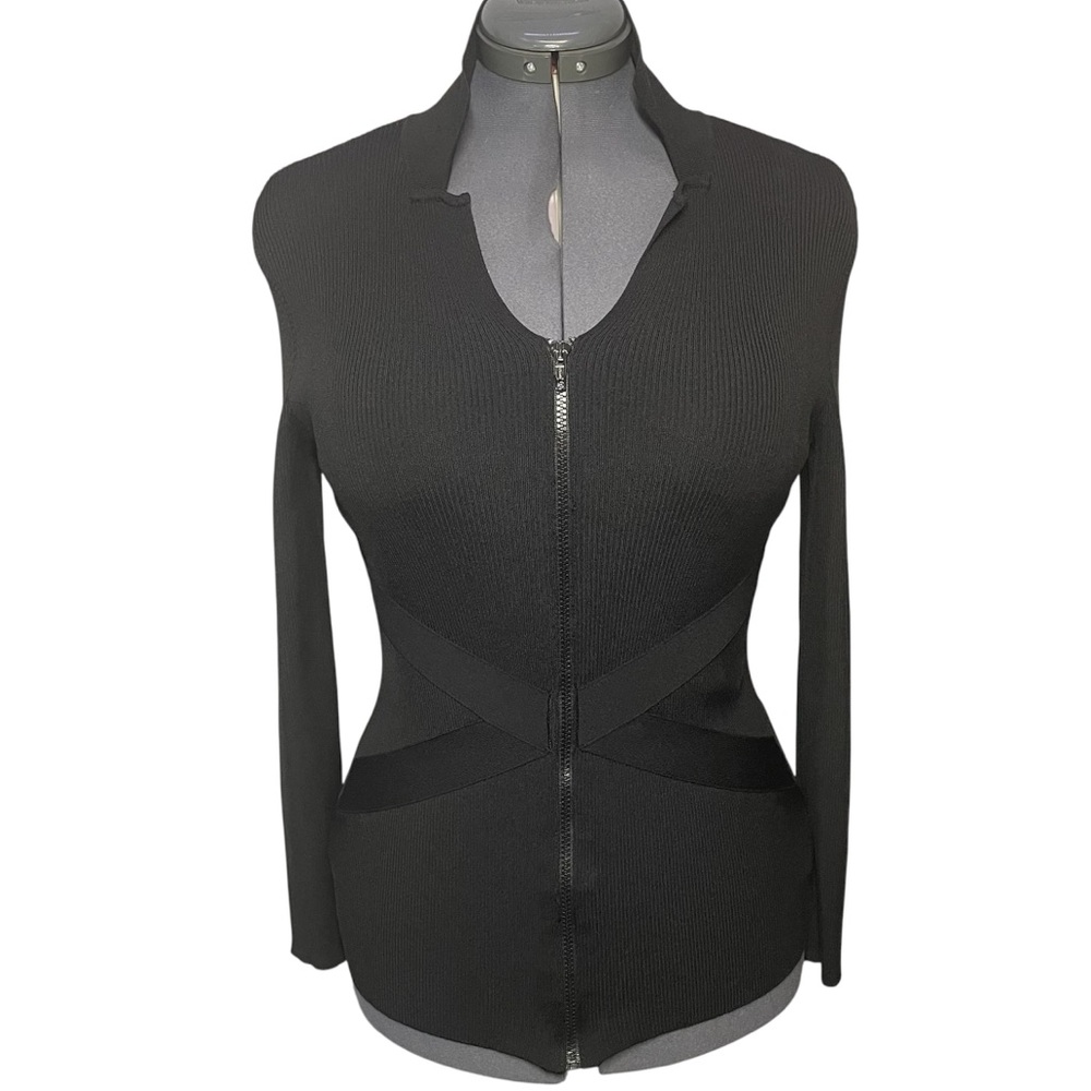 Marina Spadafora Black Ribbed Knit Zip Front Top US Size 6 Italian 42 L/S
